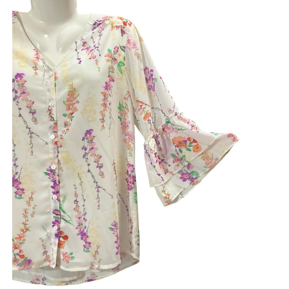 Belle by Kim Gravel Women's Floral Print V-Neck Blouse w/ Flutter Sleeves SZ S - Picture 4 of 9